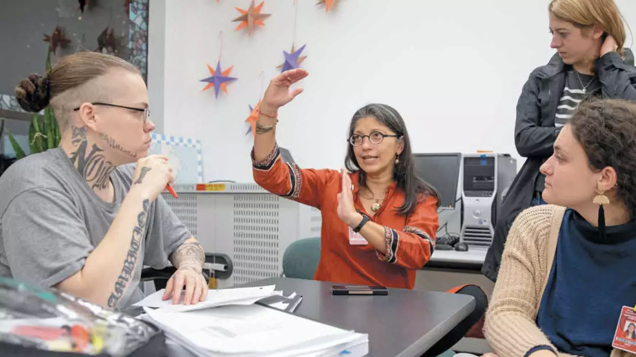 Professor Priti Joshi talking to women