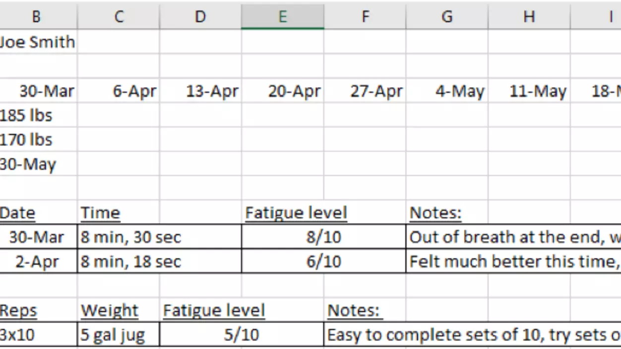 A spreadsheet recording workout activity