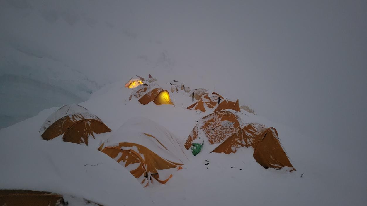 Tent buried in snow on the slopes of Manaslu.