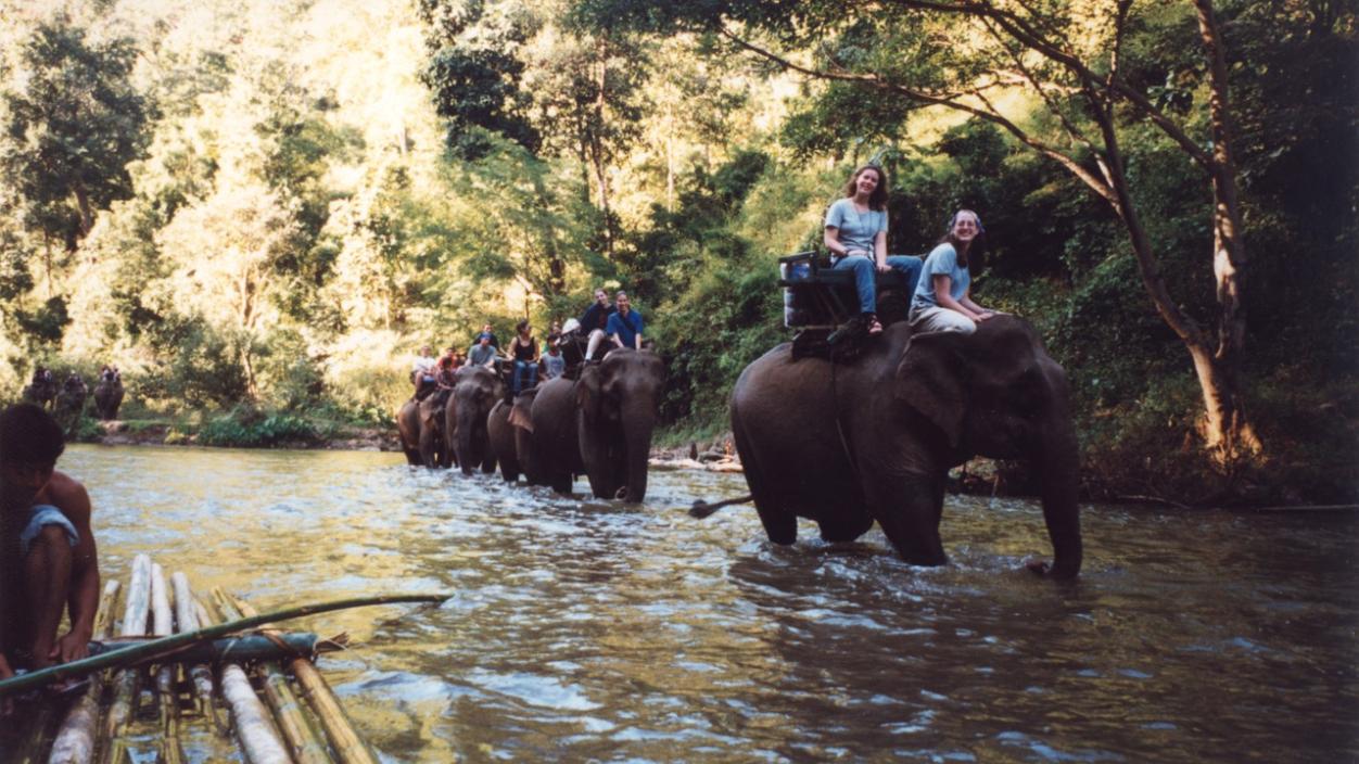 Riding elephants in Northern Thailand in 1999. Photo by Monica Clark Petersen ’01.