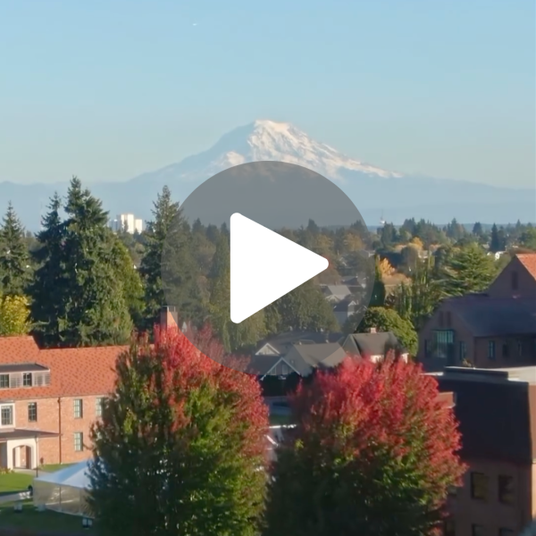 Screen cap from Instagram reel of aerial campus view with Mt. Rainier in the background.