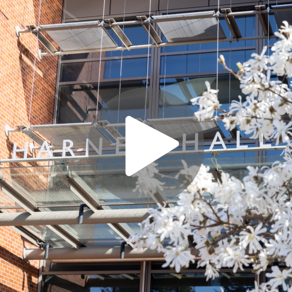 Screen cap from Instagram reel featuring Harned Hall entry with spring blossoms