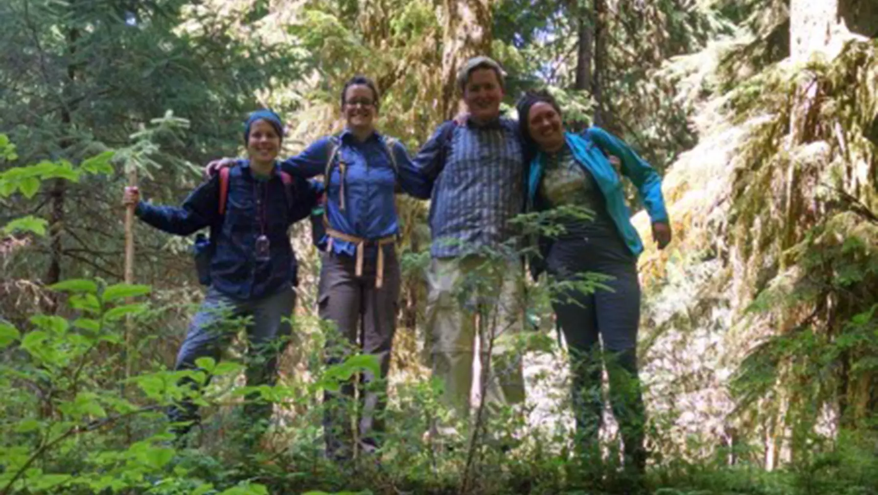 Research students from Professor Carrie Woods' lab in the field studying nurse logs.