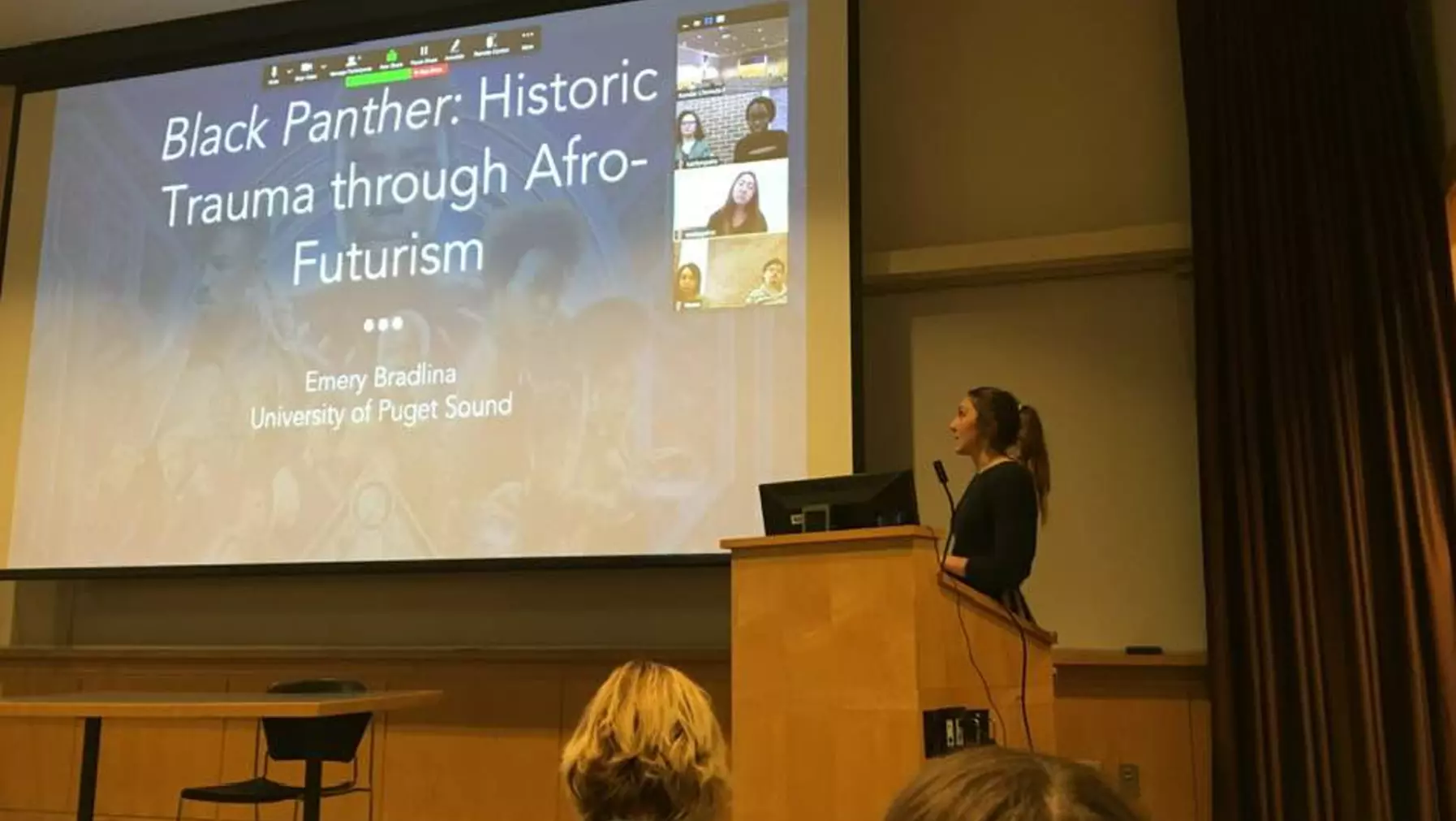 Emery Bradlina '19 presenting at the 2019 Race, Rhetoric, Media Symposium