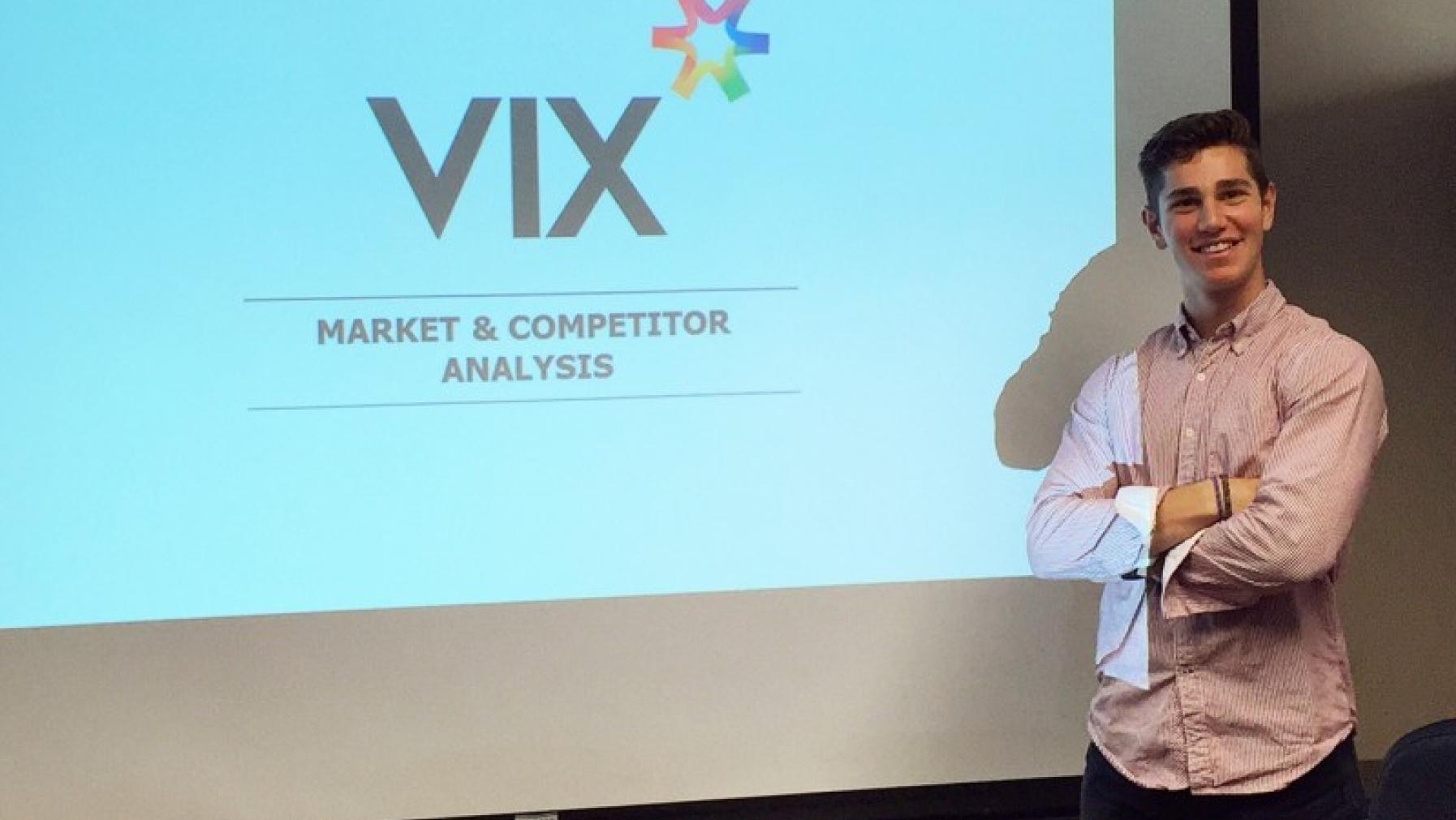 Ethan Laser giving his final presentation at his internship with Vix Technologies 