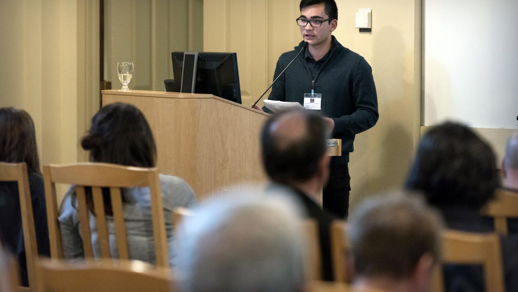 Austin Colburn '18 addresses the fourth annual Southeast Asia Symposium on his research into Indonesian nationalism.