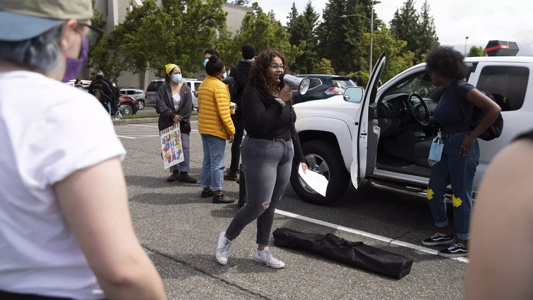 Women speaking into a megaphone