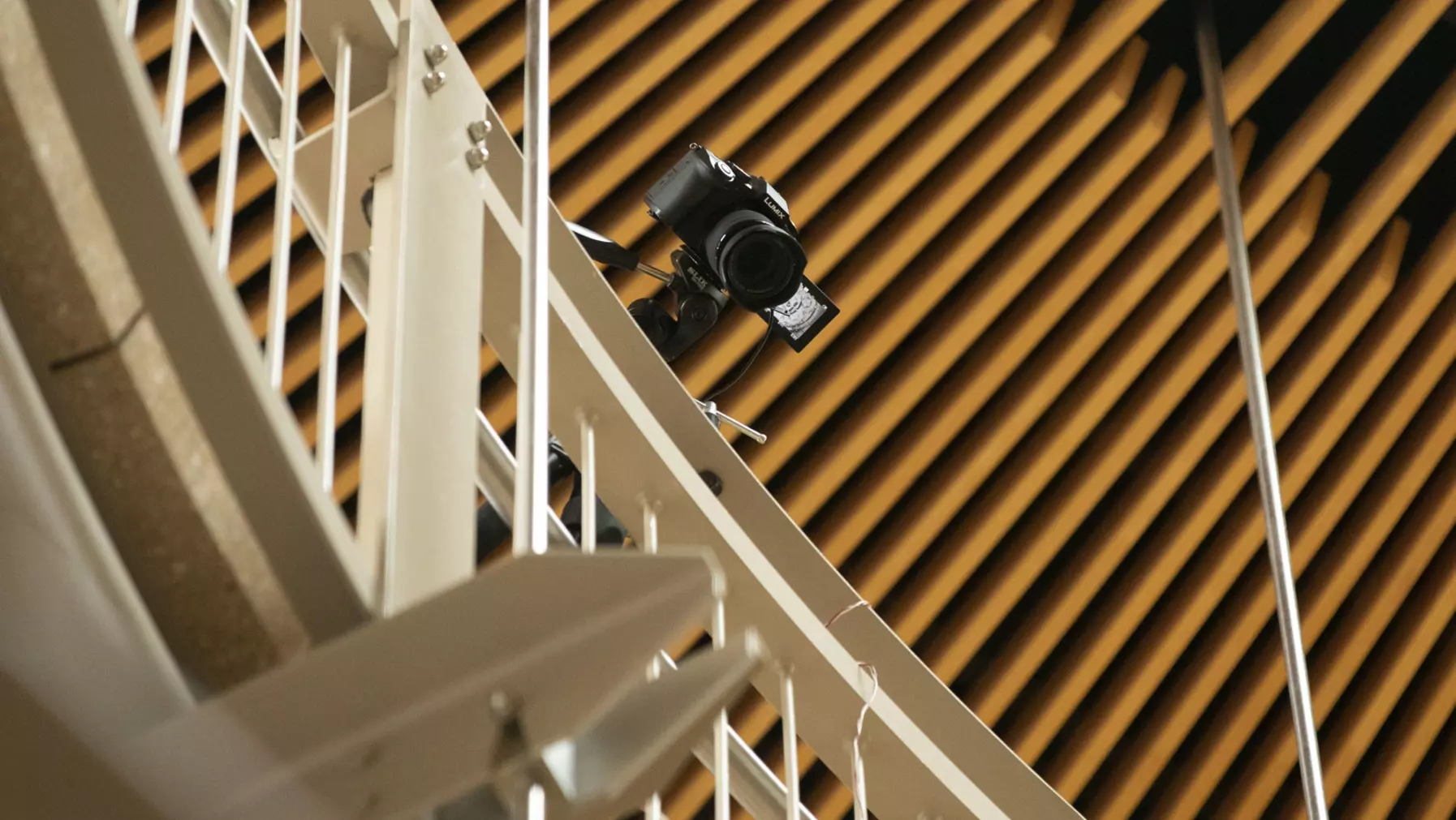 Camera rigged to the stairwell in Harned Hall