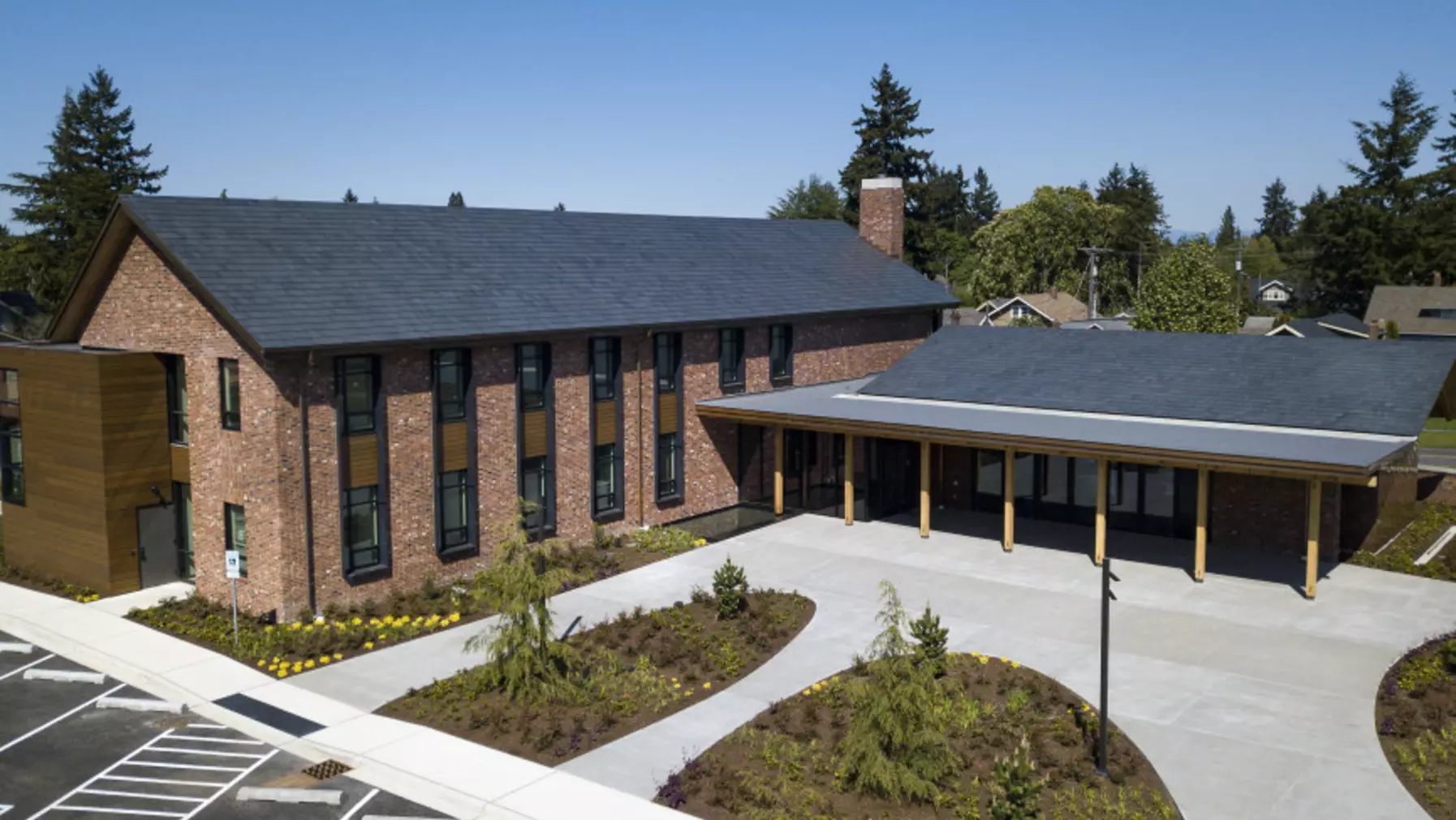 View over campus grounds and building