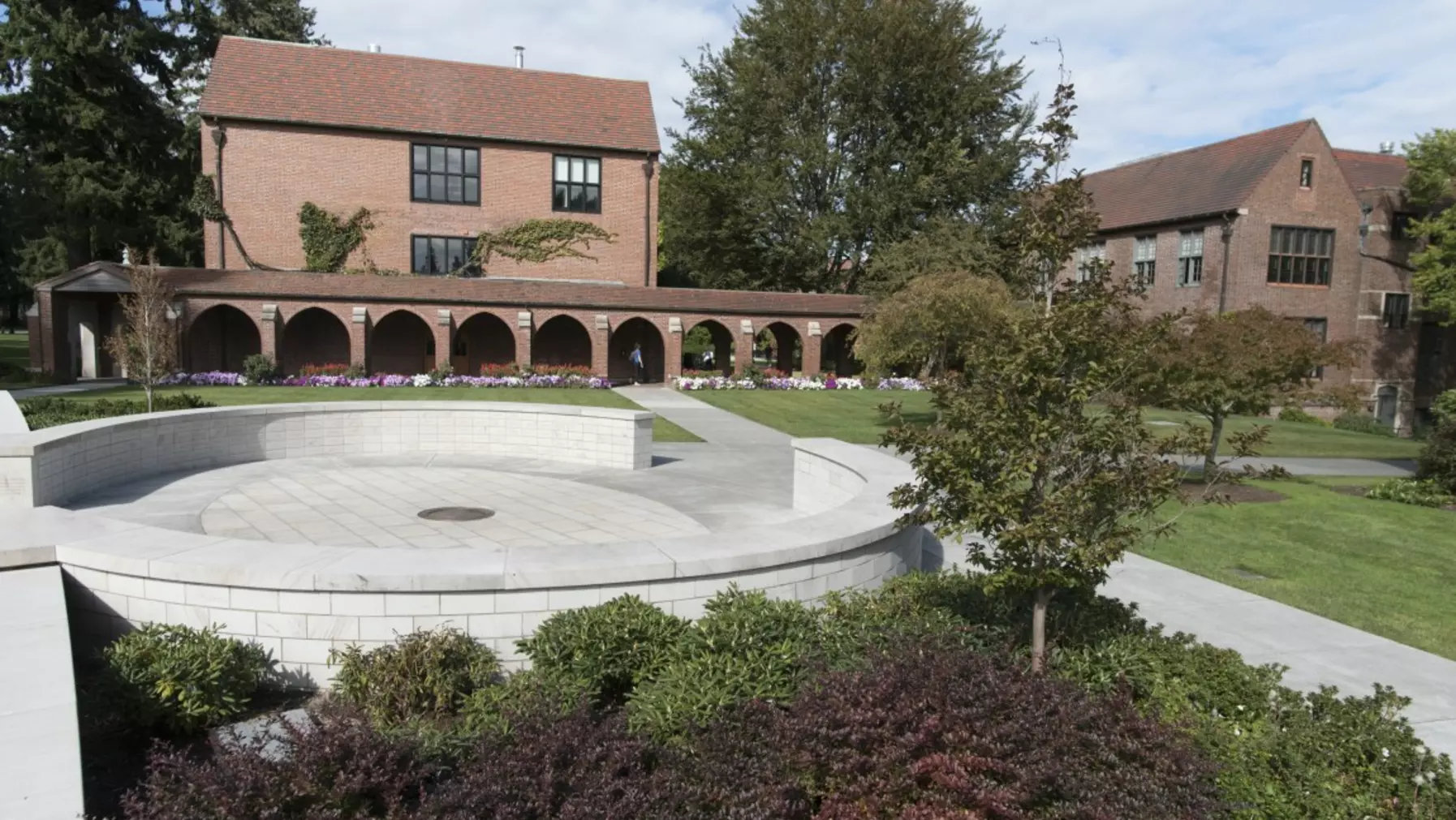 Benefactor Plaza with campus buildings behind