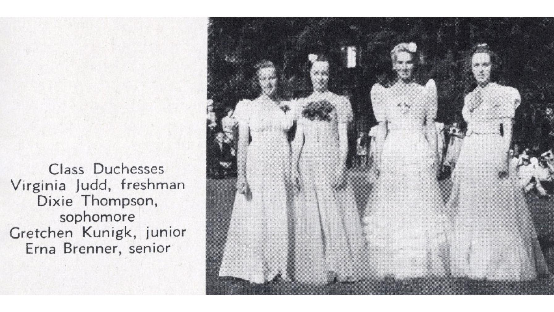 Page from Tamwanas showing the class duchesses of 1939, including future Olympic medalist Gretchen Kunigk Fraser ’41.