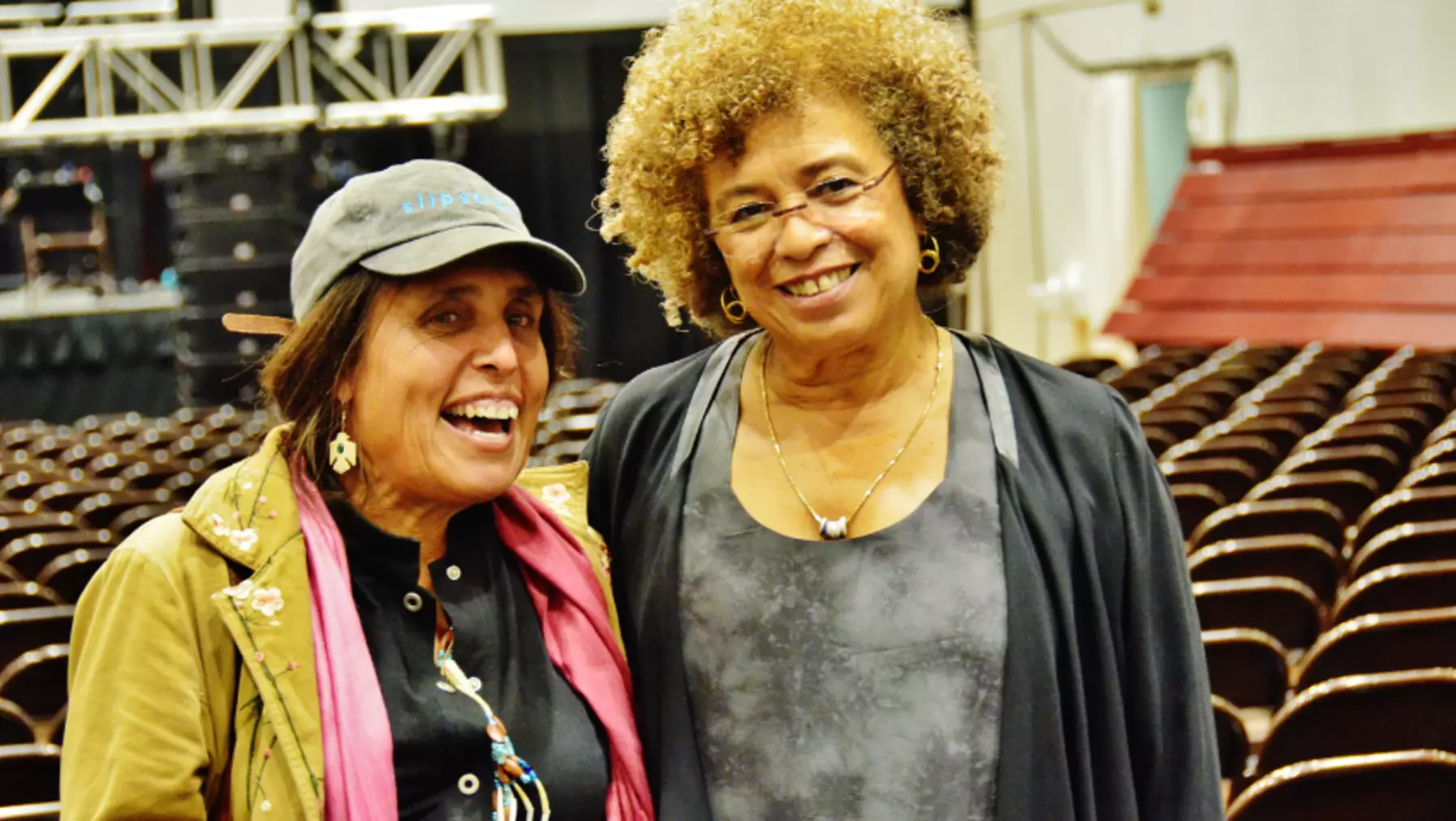 Winona LaDuke and Angela Davis photographed together at the completion of the 2014 RPNC in the Memorial Fieldhouse. 