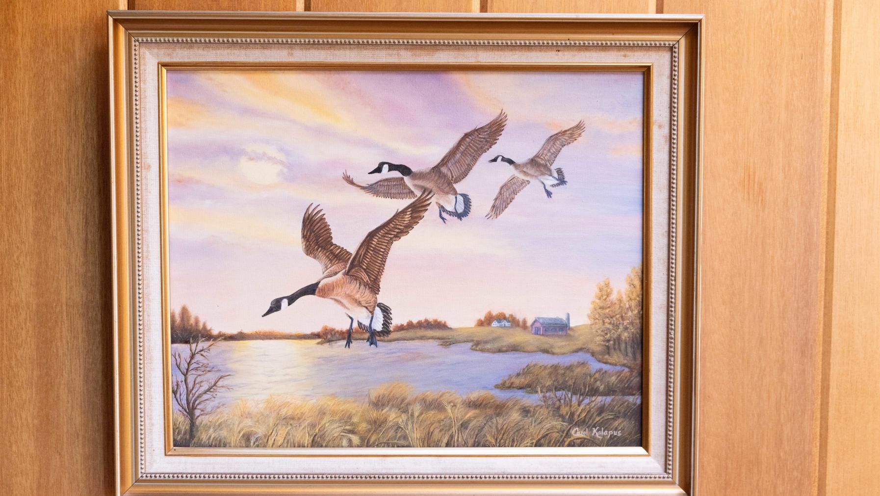 A painting by Carol Petrich Kalapus ’51 on the wall at her home outside Tacoma. Photo by Alex Crook.