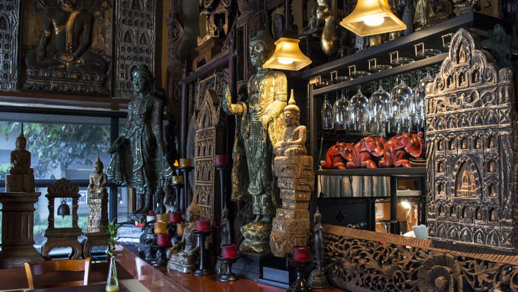 Carved wood interior of Silk Thai Cafe