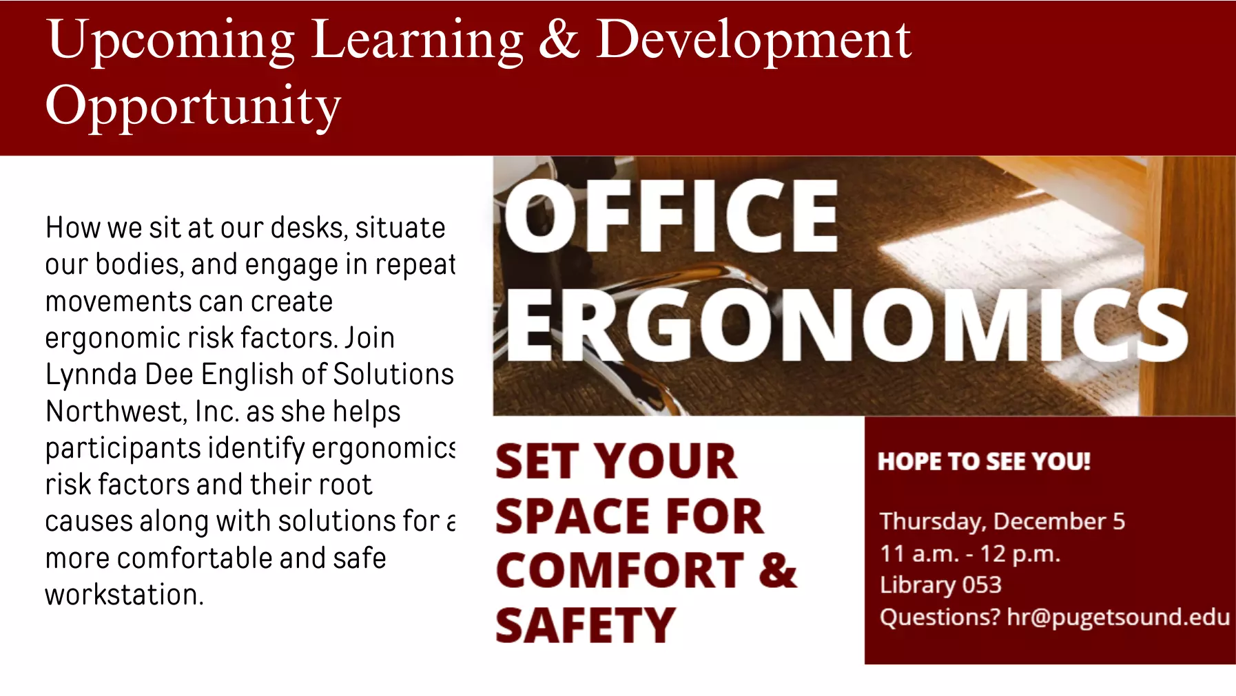 Advertisement for Office Ergonomics Session