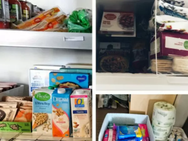 Food items on pantry shelves