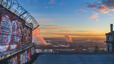 View of the Commencement Bay industrial area at sunset from the top of a building