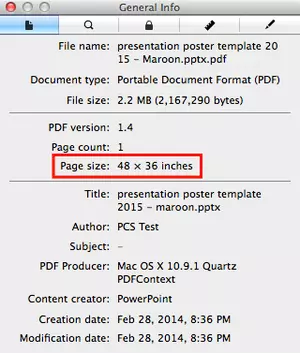 screenshot showing the second (and last) step for checking the dimensions of a PDF on a Mac computer