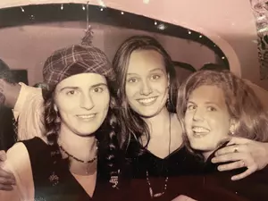 Rachel Martin ’96, Hon.'14 (center) with friends Erica Lewis ’96 and Betsy Titcomb Slocum ’95 at a 1995 holiday party at their off-campus house