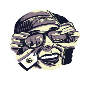 Illustration of a face with sunglasses mirroring an outdoor scene. A price tag hangs off the glasses.