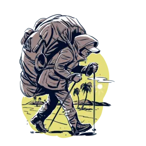 Illustration of backpacker with extra large backpack and trekking poles, coat, pants, hat, in what appears to be a desert landscape