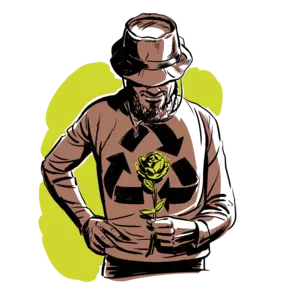 Illustration of bearded man with hat, looking down at a green flower in his hand; his shirt has the reduce, reuse, recycle arrows on the front