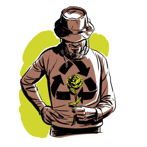 Illustration of bearded man with hat, looking down at a green flower in his hand; his shirt has the reduce, reuse, recycle arrows on the front