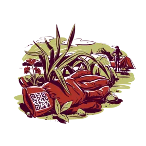 Illustration of a red glove with a QR code on it lying in the grass while a person stands in the background near a tent, looking for the lost glove