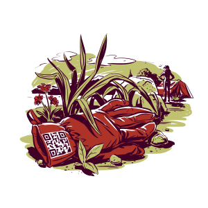 Illustration of a red glove with a QR code on it lying in the grass while a person stands in the background near a tent, looking for the lost glove