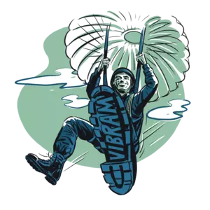 Illustration of paratrooper with the word VIBRAM on the sole of his boot