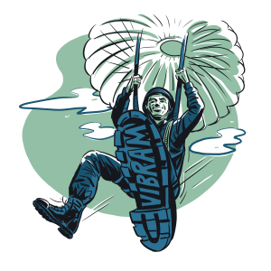 Illustration of paratrooper with the word VIBRAM on the sole of his boot