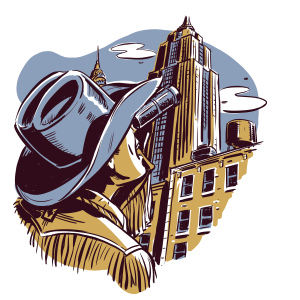Illustration of man in cowboy hat staring up at tall city buildings with binoculars