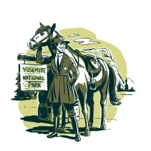 Illustration of a female park ranger with a horse standing next to a sign for Yosemite National Park