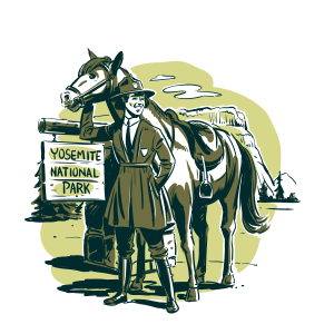 Illustration of a female park ranger with a horse standing next to a sign for Yosemite National Park