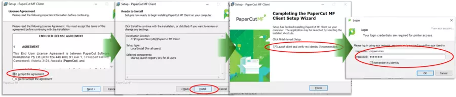 a composition of several screenshots showing the first set of PaperCutMF installation windows