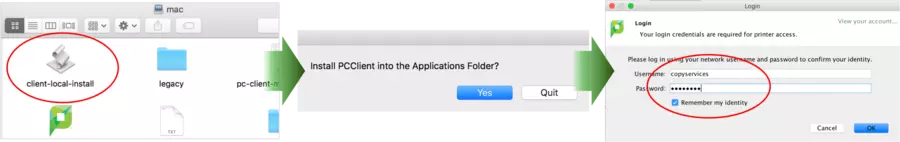 screenshot showing steps for installing the local Print Deploy Client on a Mac. Copyservices is used as an example username. The "Remember My Identity" check box is selected in the last step.