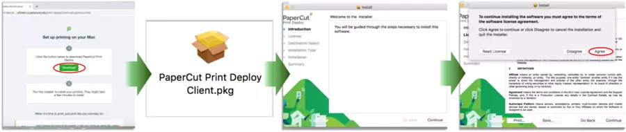 screenshot showing steps for downloading and installing PaperCut Print Deploy Client: Download the client, click on the package to launch the installer, and follow the onscreen prompts to complete the installation.