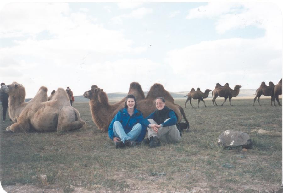 Monica Clark Petersen ’01 with camels in Mongolia, PacRim 1999.
