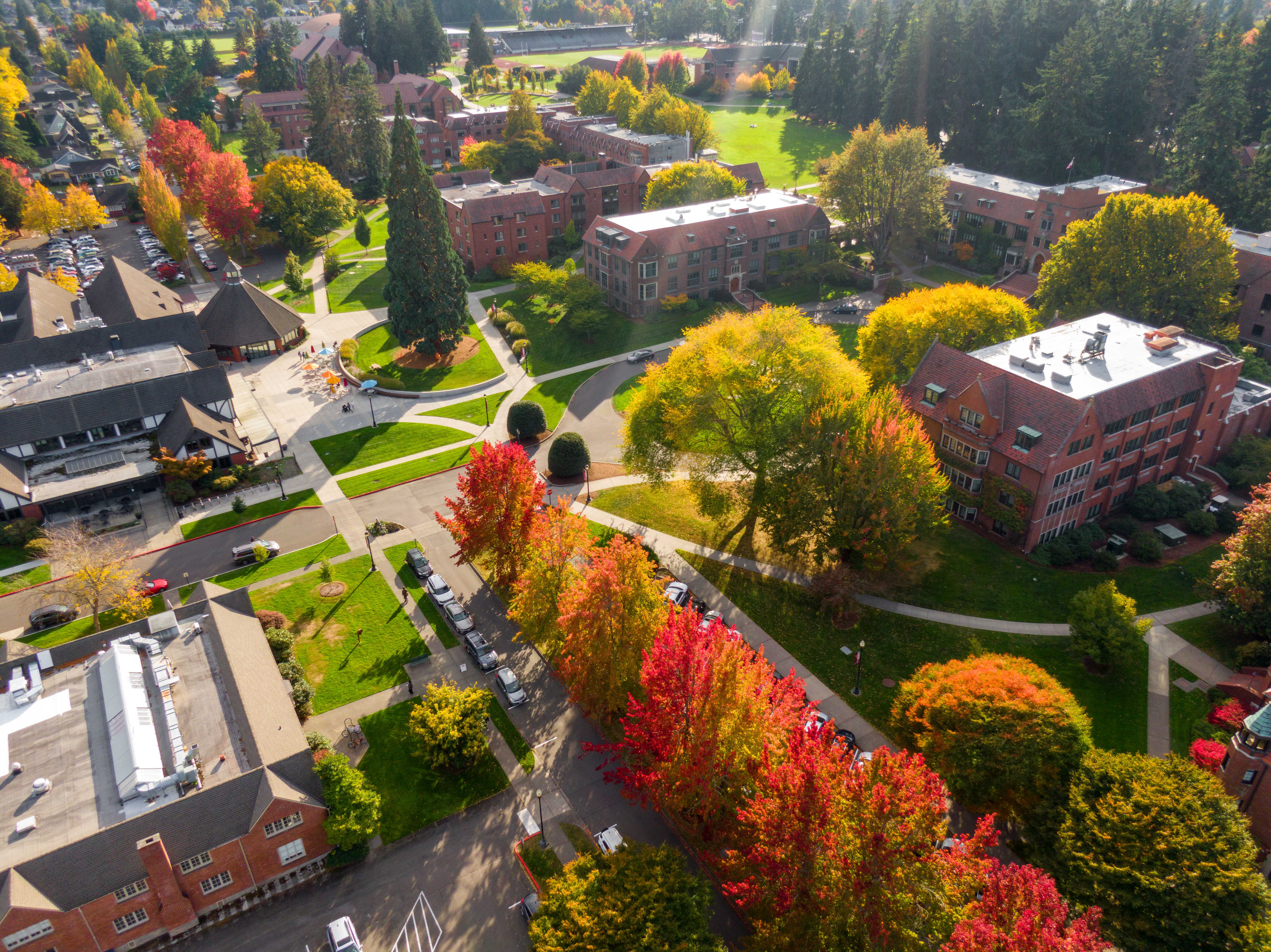 Aerial view of campus in fall